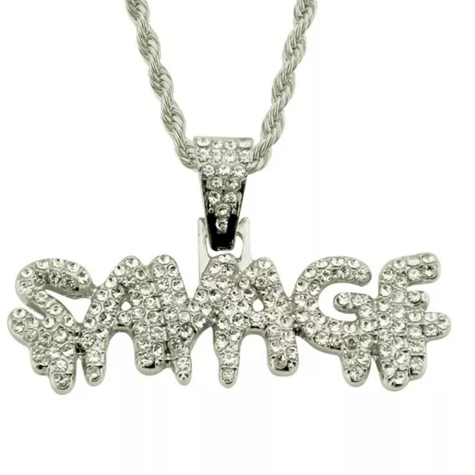 New Savage Hip Hop Bling Pendant Silvertone Chain New Savage Hip Hop Bling Pendant Silvertone Chain